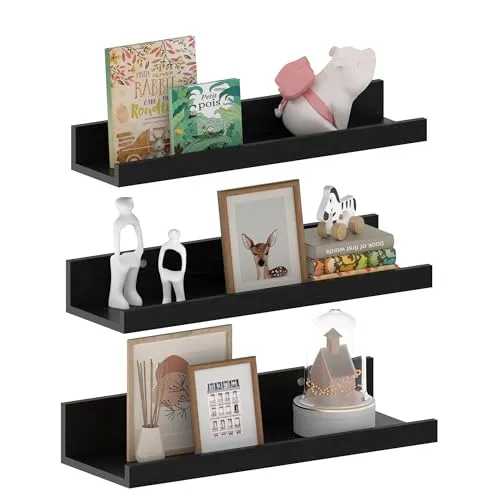 EXYGLO 40cm Lang Wandregal Schwarz, Rustikale Schweberegal Bilderleiste für Wohnzimmer, Küche, Kinderzimmer oder Schlafzimmer, 3 Stück mit Verschiedenen Größen