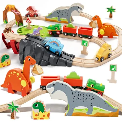 Lehoo Castle Holzeisenbahn, Dinosaurier Spielzeug für Kinder ab 3 Jahren | Dino Zug mit 2 Waggons, Vulkantunnel, Magnetkran, Kompatibel mit Gängigen Holzschienen, Geschenk für Jungen und Mädchen