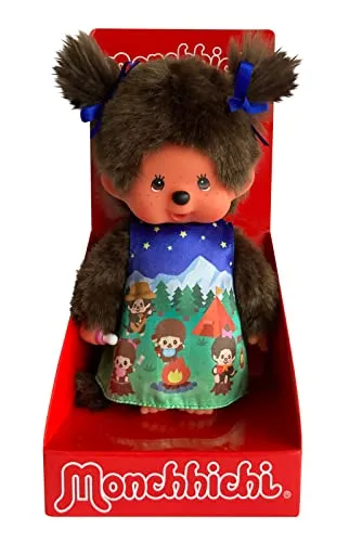 SEKIGUCHI Monchhichi Plüschfigur Mädchen Camping Kleid - Niedliche 20 cm Monchhichi Plüschfigur mit Campingmotiv, ideal zum Kuscheln und Spielen. Perfektes Geschenk für Kinder und Sammler!
