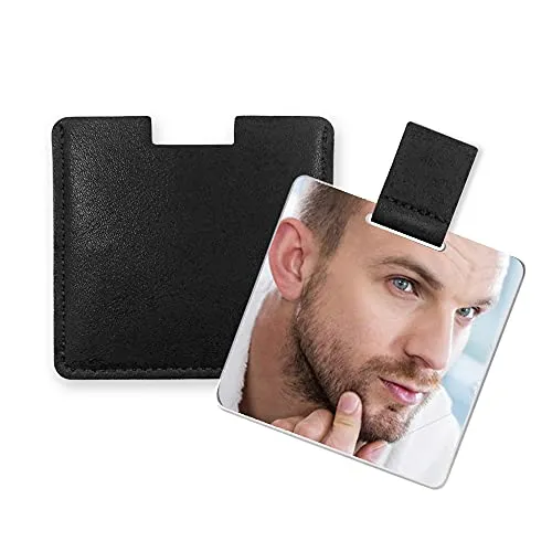 Fixleren Ultra Dünn Taschenspiegel, unzerbrechlicher Edelstahl, mit PU-Ledertasche, leicht zu tragen, leicht und geeignet für Make-up, Camping, Reisen (Schwarz)