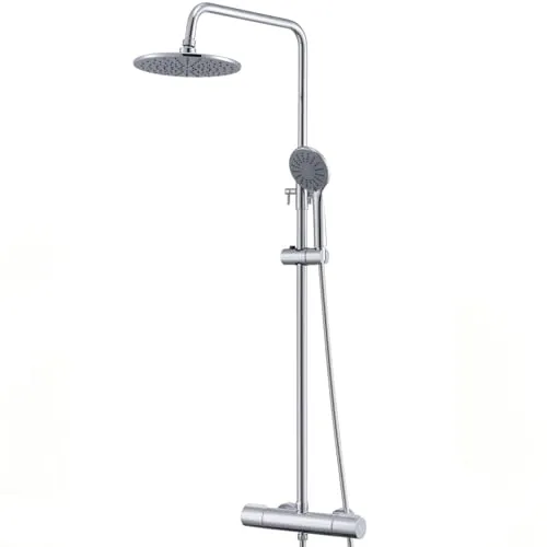 Auralum Duscharmatur mit Thermostat aus Edelstahl Höhenverstellbar 84-121cm, Regendusche mit Armatur 23cm Kopfbrause und 3 Strahlarten Handbrause, Edelstahl Schlauch, Duschsystem mit Thermostat, Chrom