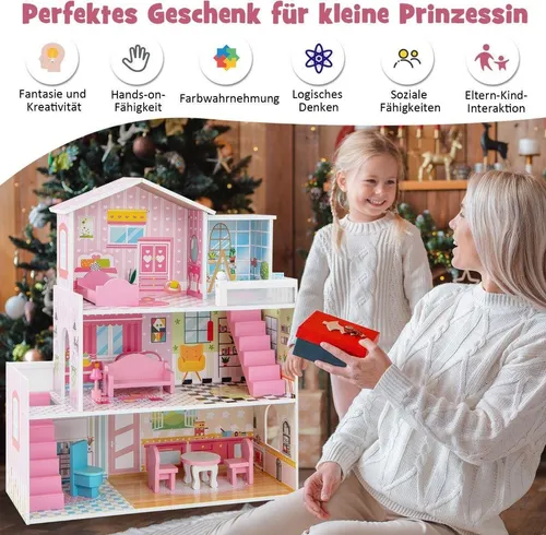 Puppenhaus aus Holz mit 3 Etagen & 10 Möbel & 5 Zimmern Puppenstube Traumhaus Rosa
