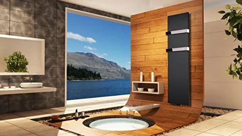 Badheizkörper Design Mirror Steel 3, HxB: 180 x 47 cm, 1118 Watt, schwarz + 2 Handtuchhalter hochglanz (50mm) (Marke: Szagato) Made in Germany/Bad und Wohnraum-Heizkörper (Mittelanschluss)