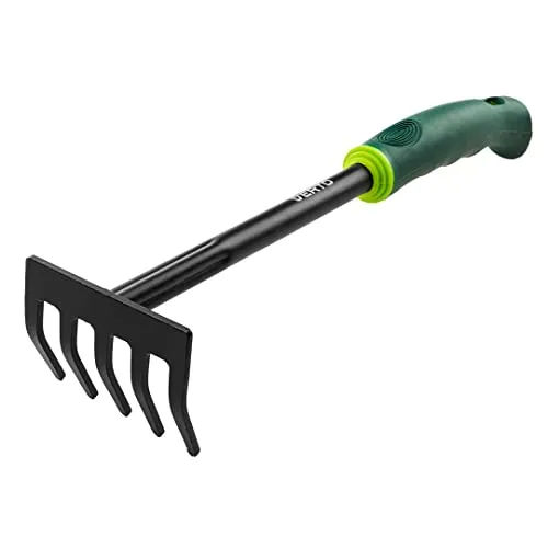 VERTO Garten Handrechen Rechen 34 cm | Kleine Harke aus Stahl, Stabiler, verwindungssteifer Stahl, Rutschfester Griff 5 Zinken | Stabiler, verwindungssteifer Stahl, Rutschfester Griff