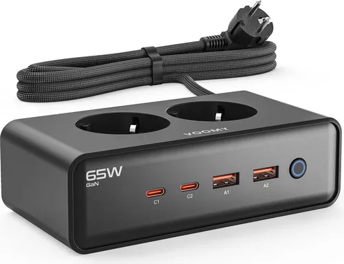 VOOMY 6-in-1 Steckdosenleiste 65W USB-C – Schwarz - Steckdosen & Zubehör mit 65W USB-C Schnellladefunktion, 4 USB-Ports und 2 Steckdosen – ideal für schnelles Laden mehrerer Geräte gleichzeitig.