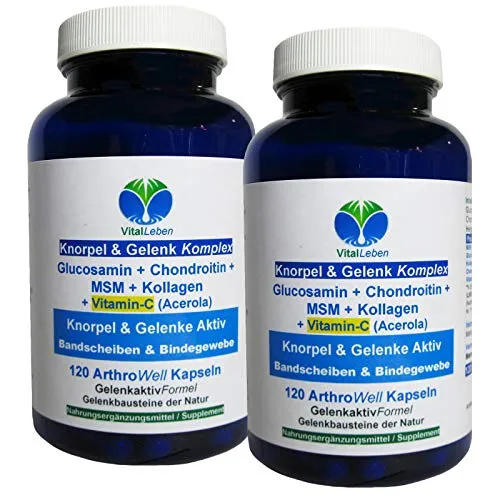 Knorpel & Gelenke Komplex + Vitamin-C 240 (2x120) ArthroWell Gelenk-Kapseln – Natürliche Gelenkbausteine Glucosamin + Chondroitin + MSM + Kollagen. 26442-2