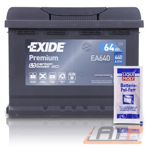 EXIDE AUTOBATTERIE 12V 64Ah STARTERBATTERIE 640A INKL LIQUI MOLY BATTERIEPOLFETT