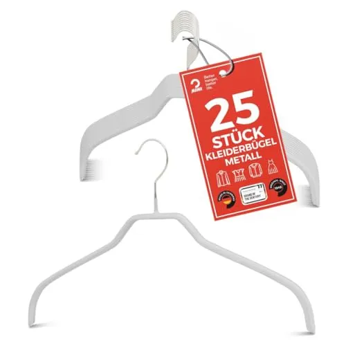 MAWA Kleiderbügel, Set mit 25 platzsparenden und rutschfesten Bügeln, ideal für Hemden und Blusen, mit 360°drehbarem Haken, Antirutschbeschichtung, 41 cm, Weiß