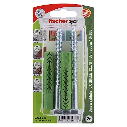 Fischer Universaldübel UX Green 12x70 S K, 2 x 6-kt-Schraube 10 x 100, 524815