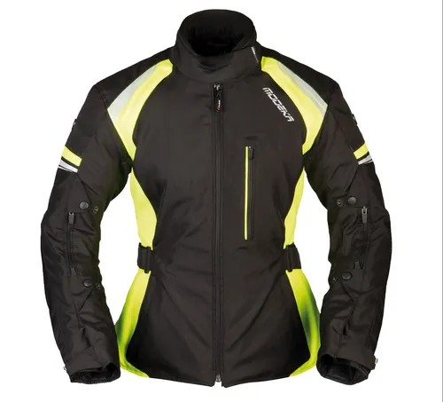 Modeka Violetta Lady Textiljacke Damen schwarz/gelb 36 - Motorradjacke mit 2in1-Funktion, 100% wasser- und winddicht dank Humax®-Z-Liner-Membrane, ausgestattet mit reflektierenden Elementen für bessere Sichtbarkeit.