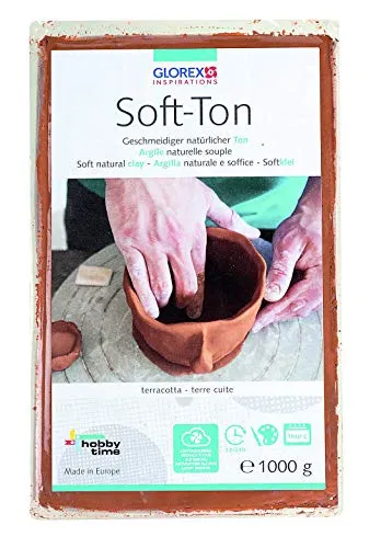 GLOREX 6 8075 237 - Soft Ton terracotta 1000 g, natürlicher, besonders weicher und geschmeidiger Ton, lufthärtend und für Brennofen geeignet, sehr gut für Kinder geeignet