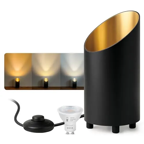 SSC-LUXon Bodenlampe AUREVA - Elegante Tischleuchte mit 3 Lichtfarben - Standleuchte AUREVA in schwarz-gold mit 6W LED GU10, ideal für Wohnzimmer oder Flur. Einstellbare Lichtfarben sorgen für stimmungsvolles Ambiente.