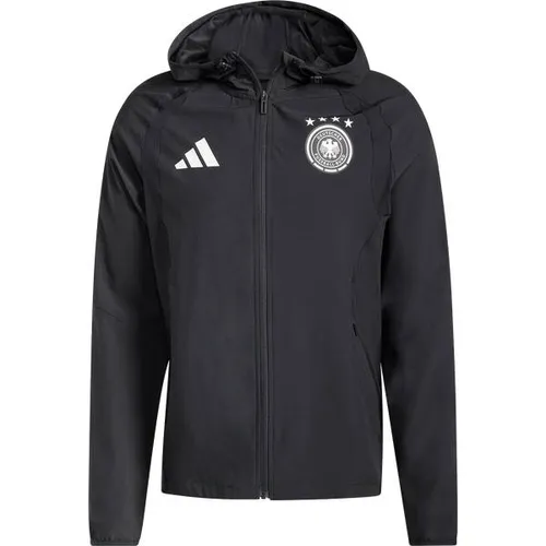 ADIDAS Herren Fanjacke Deutschland DFB Tiro Travel - Moderne Fanjacke für Fußballfans, inspiriert von der Laufkultur. Ergonomischer Schnitt und durchgehender Reißverschluss für optimalen Tragekomfort bei Freizeitaktivitäten.