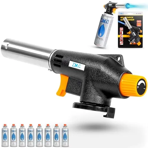 Z.M.C Gasbrenner + 8x Gaskartuschen 227g, Flambierbrenner bis zu 1300°C, Bunsenbrenner 1,3kW, Lötbrenner, Küchenbrenner mit einstellbarer Flamme