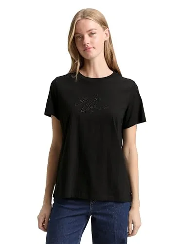 TOM TAILOR DENIM Damen Loose Fit T-Shirt mit Glitzer-Stickerei, schwarz, Gr. M