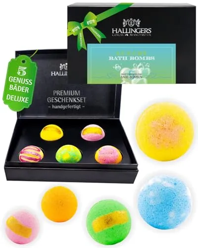 Hallingers Genuss Manufaktur Badebomben Geschenkset – 5 Badekugeln in Geschenkbox, Wellness & Spa für Frauen, aromatisches Badeset, Geschenkidee, auch zu Weihnachten, Bath Bomb Badezusatz