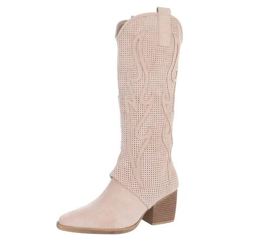 Ital-Design Damen Stiefel in Beige - Sommerstiefel im Western- und Bikerstil - Stylische Damen Sommerstiefel in Wildlederoptik, ideal für Frühling und Herbst. Mit 7 cm Blockabsatz und praktischem Reißverschluss für einfachen Einstieg.