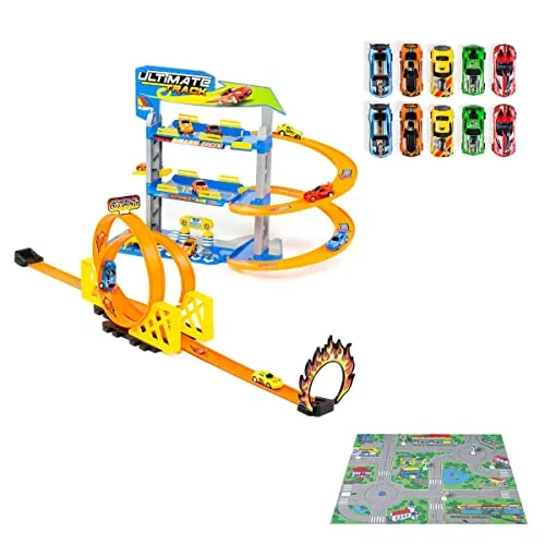 MOLTO | 3 Stockwerke Parkhaus mit Doppelschleife und Zubehör + 10 Autos enthalten + Tapissery | Spielzeugauto | Kinderspielzeug | 3 Jahre alt