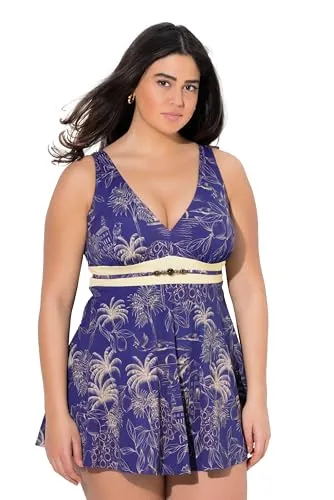 Ulla Popken Damen Plus Size Badekleid mit Palmenmuster - Badeanzug mit Softcups und V-Ausschnitt, recyceltes Material für mehr Umweltbewusstsein, ideal für stilbewusste Damen in großen Größen.
