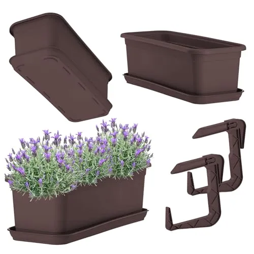 KADAX Blumenkasten 40 cm mit Untersatz und Halterung, Braun – Balkonkasten aus Kunststoff, Pflanzkasten für Innen- und Außenbereiche, Blumentopf für Balkon