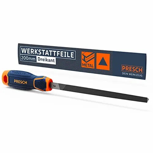 Presch Werkstattfeile Dreikant 200mm mit Kreuzhieb H2 - Spitz zulaufende Dreikantfeile für Metall und Holz zum feilen winkliger Profile - Hochwertige Dreikant-Metallfeile