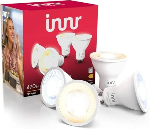 Innr GU10 Zigbee Smart Lampe 4-pack - Energiesparlampen mit dimmbarem Licht von 2200K bis 6500K, kompatibel mit Hue* und Amazon Echo, ideal für eine einladende Atmosphäre und einfache Smart Home Steuerung.