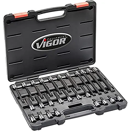 Vigor V6018 Schraubendrehereinsatz-Set - Steckschlüsseleinsätze aus hochwertigem Chrom-Vanadium Stahl mit Rändelung für optimalen Halt, ideal für präzise Handbetätigung von M5 bis M16.
