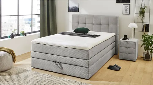 Massivart® Boxspringbett AMY 140 x 200 cm - hellgrau mit Bettkasten und Topper - Erleben Sie erholsamen Schlaf mit dem Boxspringbett AMY! Mit hochwertiger Tonnentaschenfederkern-Matratze, praktischem Bettkasten und stilvollem Cordbezug ist es die perfekte Wahl für Ihr Schlafzimmer.