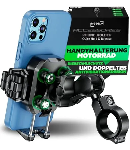 MOGGAM Handyhalterung Motorrad 【Diebstahlschutz und Doppeltes Antivibrationsdesign】 Motorrad Handyhalterung 【mit Verstellbarem Aluminiumarm 360°】 Handyhalter Fahrrad für 5,4 bis 7,2 Zoll Smartphones
