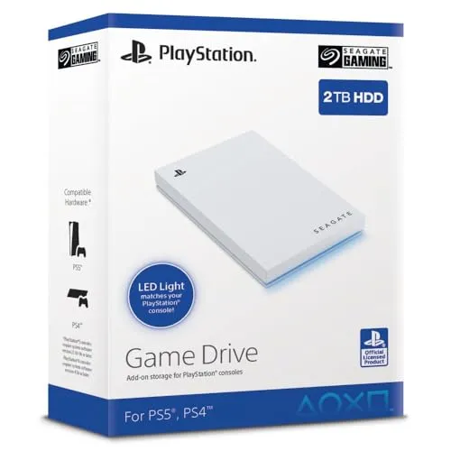 Seagate Game Drive PS4/PS5 2TB, tragbare externe Festplatte, 2.5 Zoll, USB 3.0, weiß, LED blau, inkl. 2 Wochen Playstation+ (STLV2000202)