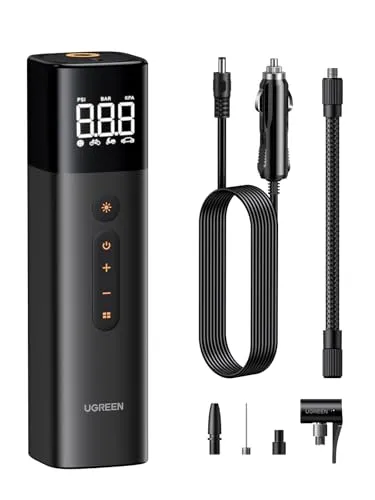 UGREEN Luftpumpe mit Zigarettenanzünder (0.2-10.3bar / 3-150psi )Elektrischer Kompressor Tragbar Fahrradpumpe Mini Reifenpumpe mit Digital LED Anzeige LED Licht für alle Fahrräder Motorräder und Autos