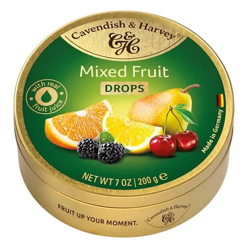 Cavendish & Harvey Mixed Fruit Drops 200g Dose | Zitrone, Kirsche, Brombeere, Orange und Birne | Mit echtem natürlichen Fruchtsaft | Vegan, Halal, Koscher | 1 x 200g