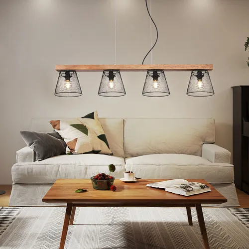 Pendelleuchte Holzlampe 4-flammig - Moderne Hängelampe für Wohnzimmer - Lampen - Stilvolle 4-flammige Pendelleuchte aus Holz und Metall, mit schwenkbaren Gitterschirmen für gezielte Beleuchtung und einladendes Ambiente.