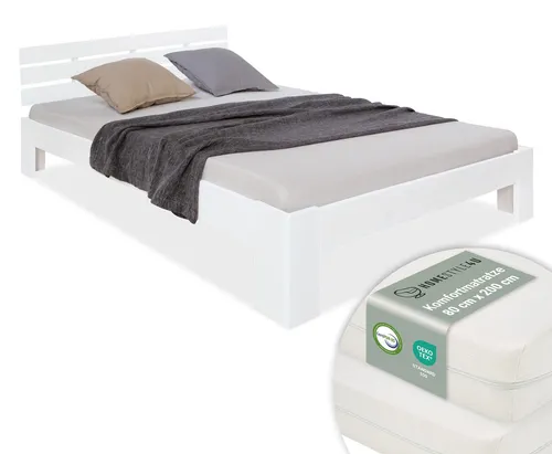 Homestyle4u Holzbett 160x200 cm mit 2 Matratzen in Weiß - Modernes Doppelbett aus massivem Kiefernholz in elegantem Weiß, inklusive zwei Komfortmatratzen für eine großzügige Liegefläche. Ideal für Paare oder Platzliebhaber, vereint es stilvolles Design und hohe Stabilität.