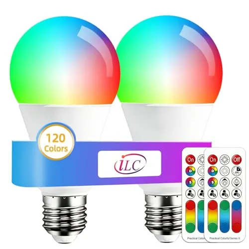 iLC Farbwechselnde LED-Glühbirne, 120 Farben, 70-Watt-Äquivalent, DIY-Blitz, warmweißes 2700K-RGB mit Fernbedienung, LED 10W A60 E27-Schraube (2er-Pack)
