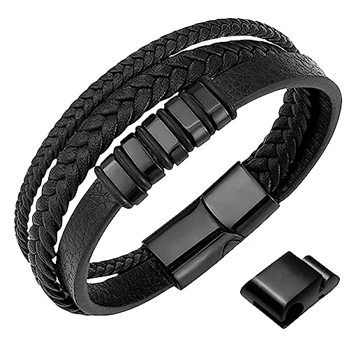 genac Armband für Herren aus hochwertigem Echtleder und Edelstahl mit abnehmbarem Magnetverschluss zum einfachen Einstellen der Länge des Schmucks, perfekt für eine tolle Geschenkidee (Schwarz)