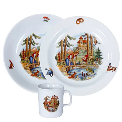 L.E.R.D.93 Kindergeschirr-Set 3-tlg. Porzellan - Kinderbesteck mit wunderschönem Märchenmotiv 