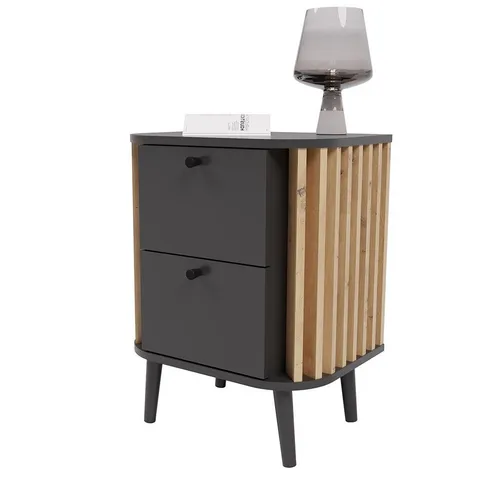 Lomadox Nachttisch PONTS-158, grau Eiche retro Lamellen 2 Schubladen 45x60x33 cm