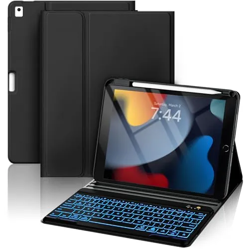 Hülle mit Tastatur für iPad 9/8/ 7 Generation 10,2 Zoll, Vergrößerte Anti-Falloff Tastenkappen Tastatur für iPad Air 3 Generation/Pro 10,5