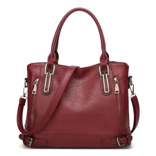 Damen Handtasche Leder - Vintage Umhängetasche in Burgund Rot - Damen-Schultertaschen aus weichem PU Leder mit großem Stauraum, verstellbarem Schulterriemen und elegantem Design – ideal für Arbeit, Shopping und Freizeit.