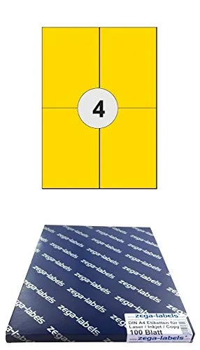Etiketten 105 x 148 mm GELB selbstklebend auf DIN A4 Bögen (2x2 Etiketten) - 100 Blatt Pack - Universell für Laser/Inkjet/Kopierer/Farblaser einsetzbar - 105x148mm 4-teilig 400