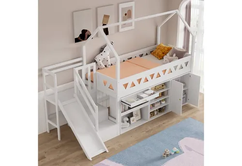 Odikalo Kinderbett Hochbett mit Stauraum und Schreibtisch 90x200cm Weiß