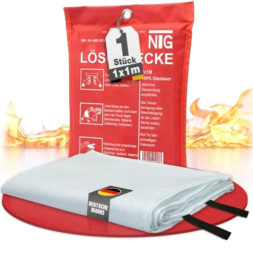 NTG Feuerlöschdecke – Löschdecke 1x1m für Küche & Zuhause – DIN EN 1869:2019 Zertifiziert – Feuerdecke für Notfälle, inklusive Fettbrand – Brandschutzdecke hinterlässt Keine Rückstände (1x1m 1er Set)