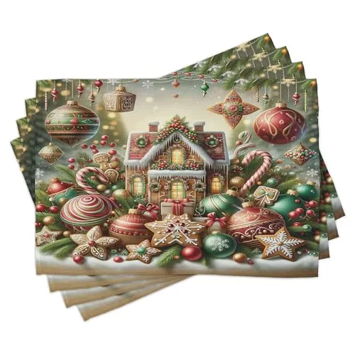 ABAKUHAUS Platzmatten, Lebkuchenhaus Weihnachten, Waschbare Stoff Esszimmer Küche Tischdekorations Digitaldruck, Grün Braun Dunkelrosa