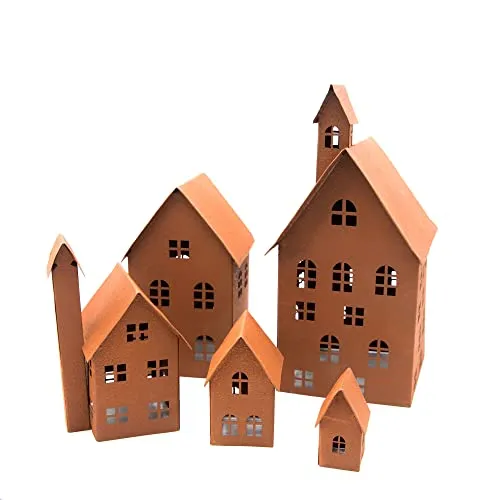 UNUS Deko Häuser 5er Set - Edelrost Lichthäuser für Garten und Balkon - Gartenfiguren & Gartenstatuen: Trendige, witterungsfeste Metall-Lichthäuser von UNUS, ideal für kreative Herbst- und Weihnachtsdeko im Außenbereich.