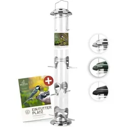 Edelstahl-Futtersäule für Samen & Körner 52cm - Vogelfutter - Robuste Futtersäule aus wetterfestem Edelstahl, ideal für eine hygienische Vogelfütterung und inklusive Ratgeber für optimale Vogelversorgung.