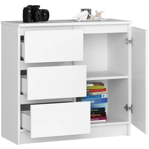 BDW - Kommode mit 3 Schubladen und 1 Tür - 80 cm breit, 77 cm hoch - Schrank, Sideboard, Mehrzweck-, Schuhschrank, Schubladenkommode, Aktenschrank - Wohn-, Schlafzimmer, Flur - Weiss