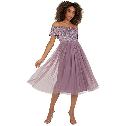 Maya Deluxe Damen Maya Deluxe Ladies Bardot Dresses for Women Midi High Empire Waist Sequins Embellished Formal Evening for Wedding Guest Brautjungfernkleid, Moody Lilac, 22