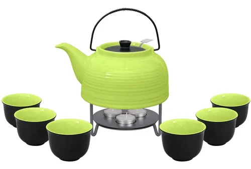 Teeset / Teeservice Nelly: Teekanne + 6 Teetassen / Teecups in grün + Stövchen