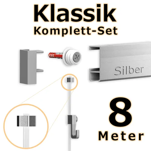 Bilderschienen Set 8 m in SILBER - Klassik - Bilderschiene inklusive Zubehör